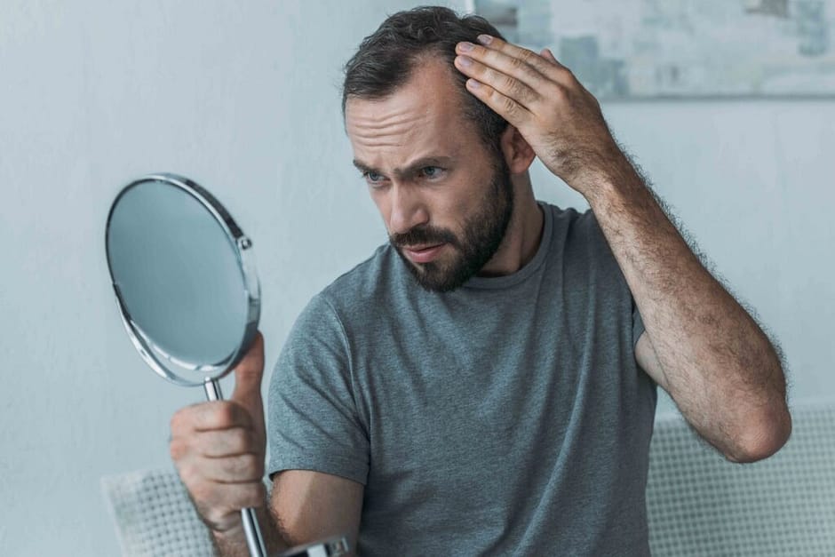 bearded middle aged man with alopecia looking at mirror, hair lo